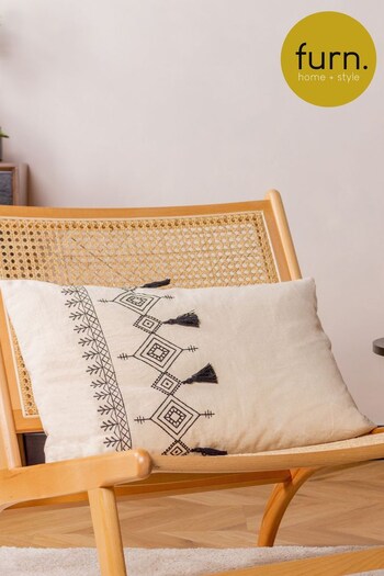 furn. Natural Pritta Cotton Embroidered Tasselled Cushion (D33678) | £17