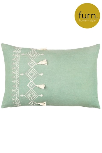 furn. Green Pritta Cotton Embroidered Tasselled Cushion (D33680) | £17