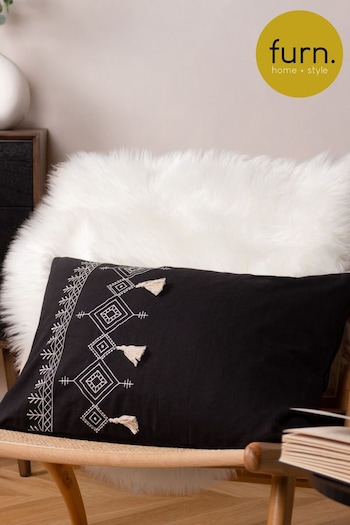 furn. Black Pritta Cotton Embroidered Tasselled Cushion (D33682) | £17
