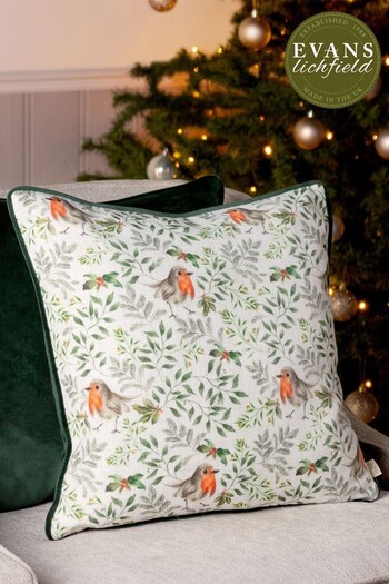 Evans Lichfield Green Festive Robin Repeat Watercolour Printed Piped Cushion (D33700) | £17