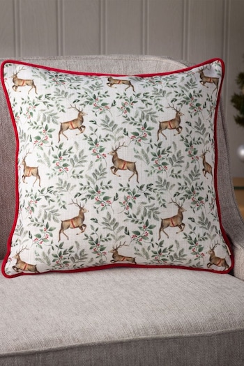 Evans Lichfield Red Festive Reindeer Repeat Watercolour Printed Piped Cushion (D33701) | £17