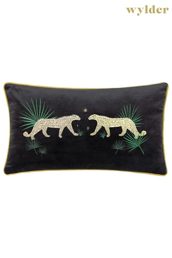 Wylder Black Dusk Leopard Rectangular Embroidered Piped Velvet Cushion (D33704) | £17