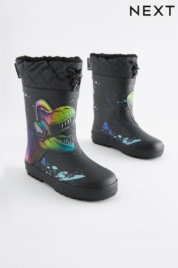 Black/Lime Green Dinosaur Thinsulate™ Warm Lined Cuff Wellies (D33769) | £18 - £22