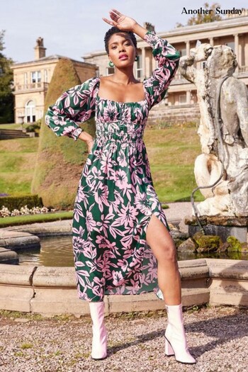 Another Sunday Long Sleeved Floral Satin Midi Dress With Tie Back In Green (D33771) | £58