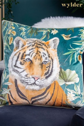 Wylder Tropics Orange Orient Tiger Head Digitally Printed Piped Velvet Cushion (D33832) | £20