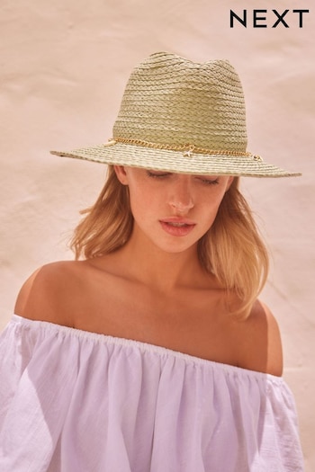 Sage Green Panama Hat with Shell Trim (D34021) | £16