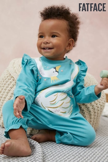 Fat Face Aqua Blue Swan Baby Romper with Frill (D34174) | £18 - £20