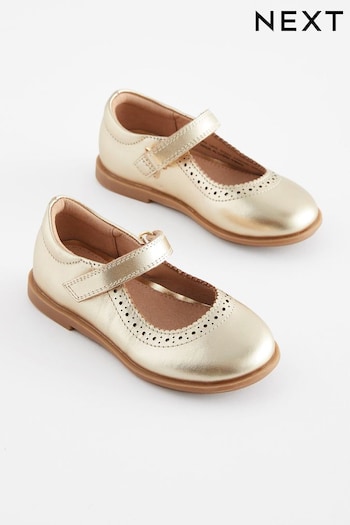 Gold Leather Standard Fit (F) Brogue Mary Jane voladoras Shoes (D34527) | £25 - £29