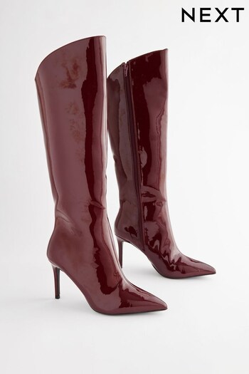 Burgundy Red Pointed Toe Patent Knee High Boots (D34927) | £65