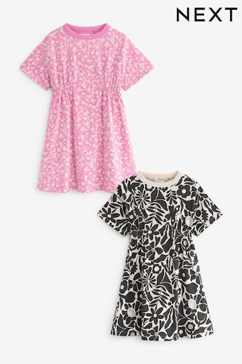 Black/ White /Pink Floral Print Short Sleeve Dresses 2 Pack (3-16yrs) (D34983) | £16 - £22