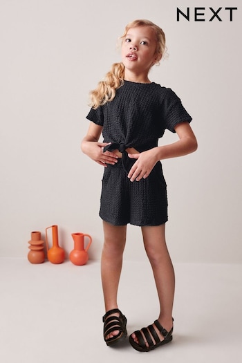 Black Textured Crinkle Tie Front T-Shirt and Shorts Set (3-16yrs) (D35393) | £16 - £22