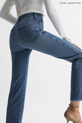 Reiss Mid Blue Good American Distressed Straight Leg Jeans Trapeze (D35772) | £135
