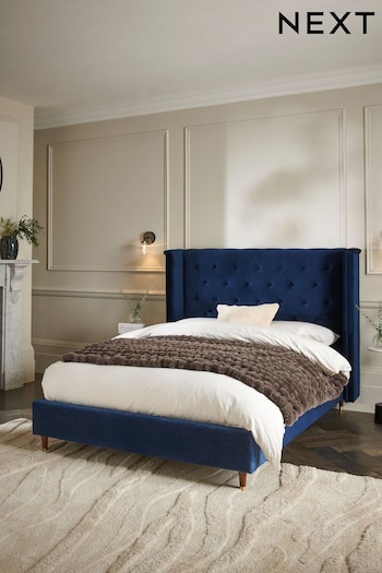 Soft Velvet Navy Blue Grayson Upholstered Bed Frame (D36199) | £599 - £699