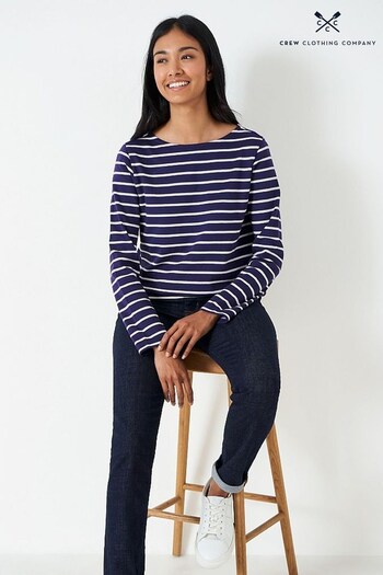 Crew Clothing Company Stripe Cotton Jersey Navy Blue Top (D36465) | £39