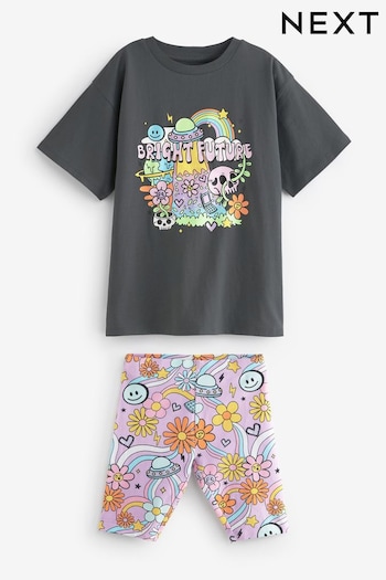 Charcoal Grey Bright Character Oversized T-Shirt and Cycle Shorts Set (3-16yrs) (D36503) | £14 - £20
