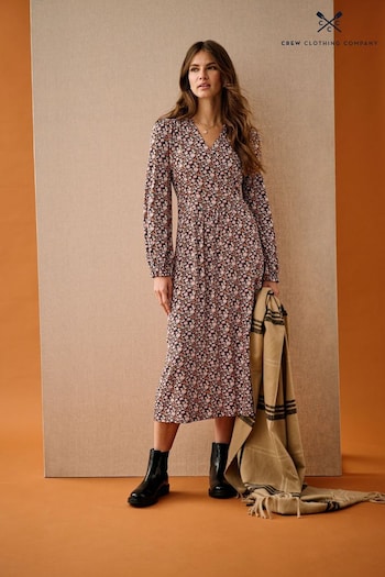 Crew Clothing Company Floral Print  A-Line Brown Dress (D36533) | £69