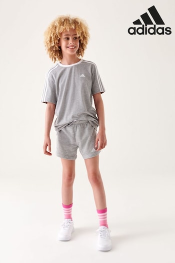 adidas Grey feather-print Sportswear Essentials 3-Stripes Shorts (D36917) | £18