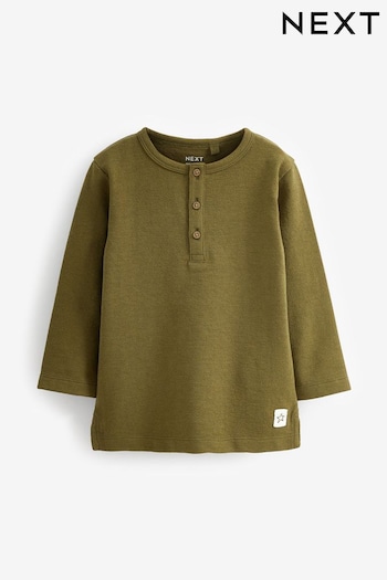 Khaki Green Long Sleeve Henley Neck T-Shirt (3mths-7yrs) (D37328) | £6 - £8