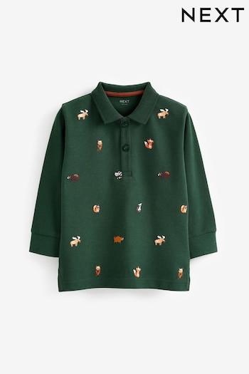 Green Woodland Animals Long Sleeve All Over Embroidered Polo Shirt (3mths-7yrs) (D37354) | £10 - £12