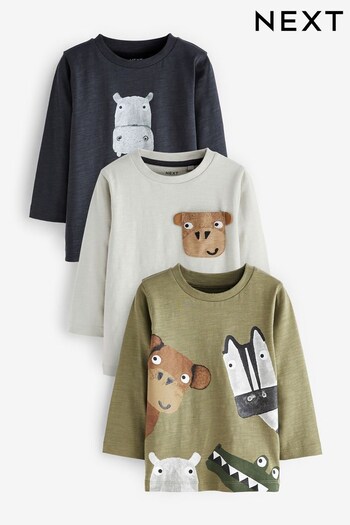 Neutral/Green Animal Long Sleeve Character T-Shirts 3 Pack (3mths-7yrs) (D37373) | £18 - £22