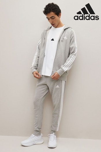 adidas Grey Sportswear Essentials French Terry 3-Stripes Full-Zip Hoodie (D37541) | £50
