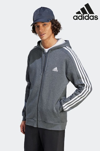 adidas Grey Essentials Fleece 3-Stripes Full Zip Hoodie (D38311) | £50