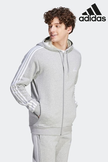 adidas Grey Sportswear Essentials Fleece 3-Stripes Full-Zip Hoodie (D38312) | £50