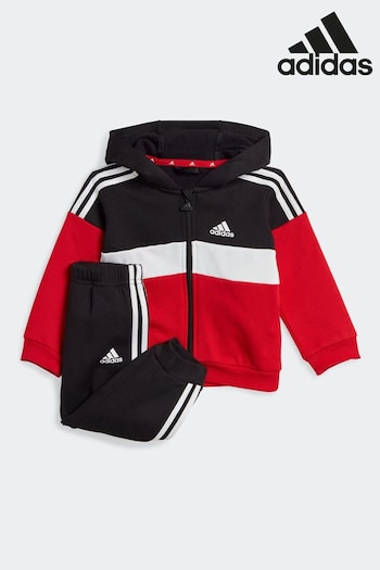 adidas Black/Red Sportswear Tiberio 3-Stripes Colorblock Fleece Tracksuit Kids (D38338) | £35