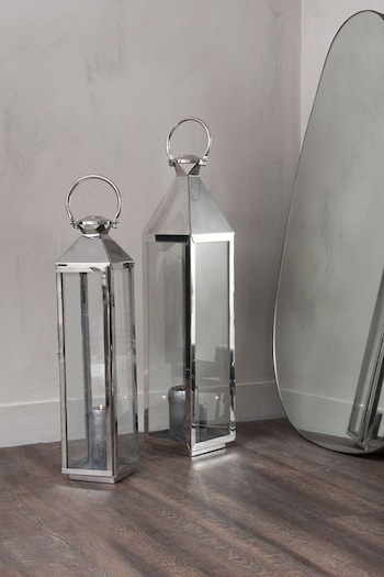 Libra Silver Sleek Tall Lantern with Glass Panels (D38537) | £225