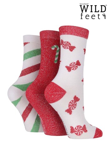 Wild Feet Red/Green Bamboo Festive 3 Pack  Socks with Gitf Tag (D38561) | £14