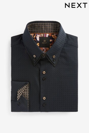 Black Contast Button Regular Fit Double Collar Textured Trimmed Shirt (D38583) | £36