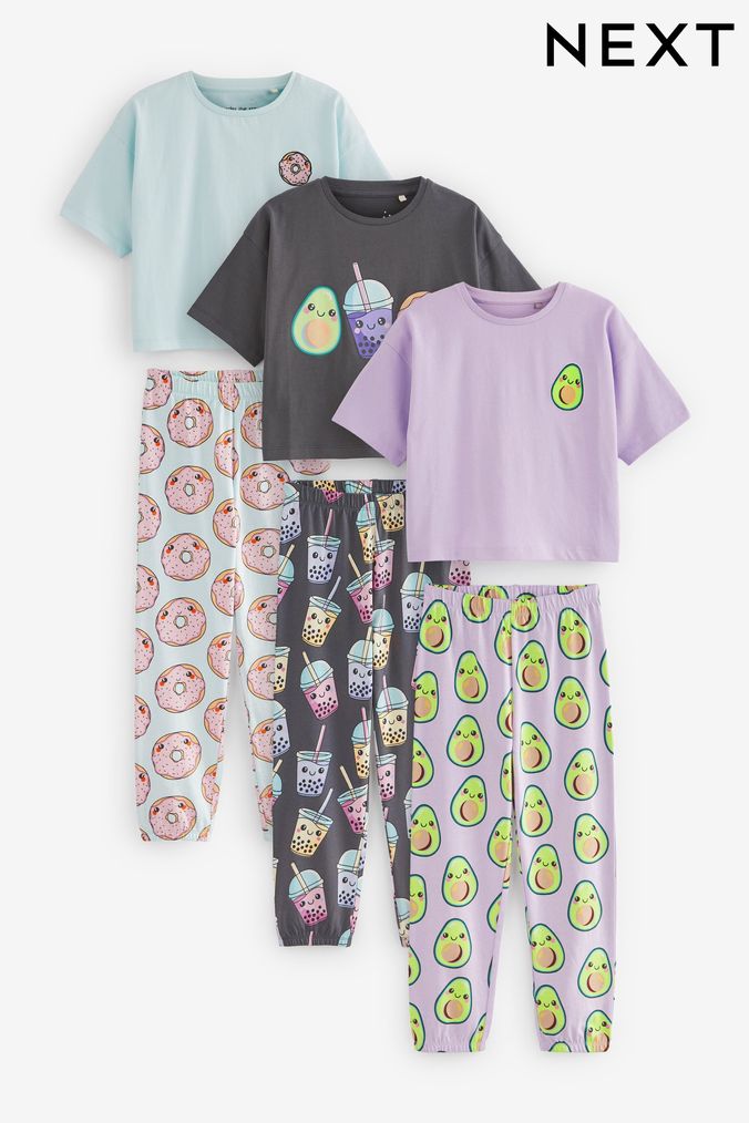 Avocado/Bubble Tea/Doughnut Joggers Pyjamas 3 Packs (3-16yrs) (D38584) | £32 - £40