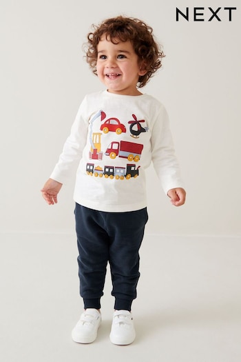 White/Navy Blue Transport Long Sleeve T-Shirt and Joggers Set (3mths-7yrs) (D38604) | £10 - £14