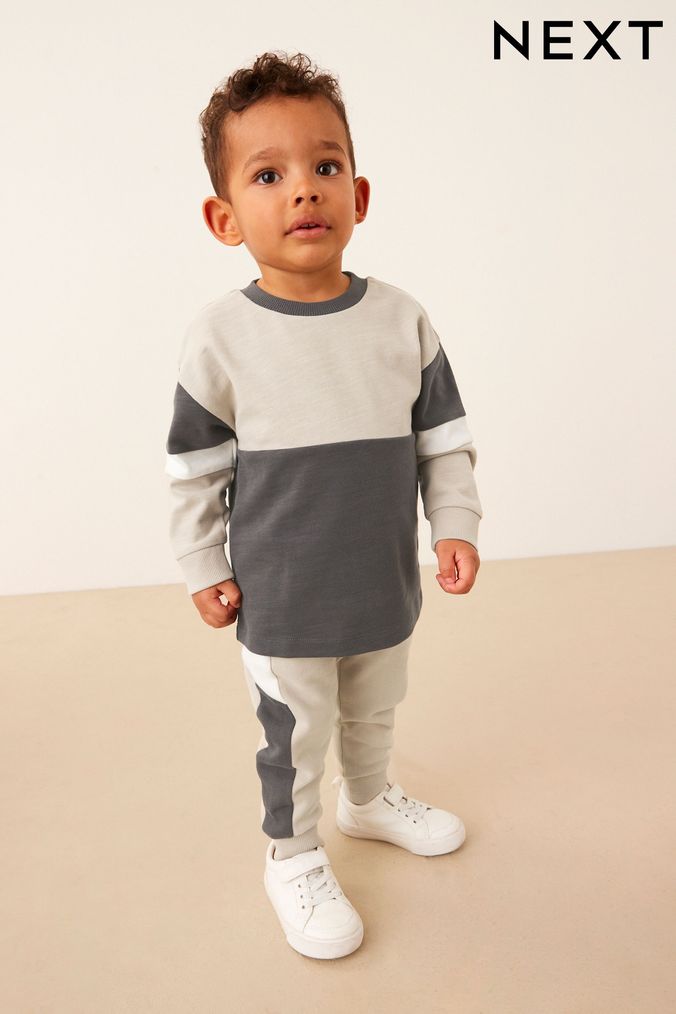 Charcoal Grey Monochrome Long Sleeve Cosy Colourblock T-Shirt and Joggers Set (3mths-7yrs) (D38606) | £15 - £19