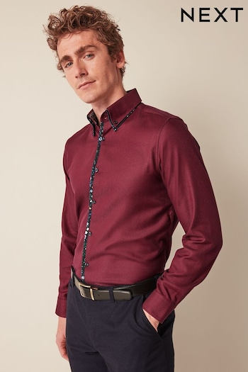 Burgundy Red Regular Fit Double Collar Textured Trimmed Shirt (D38750) | £36