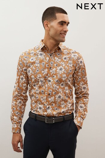 Brown Floral Regular Fit Printed Trimmed Shirt (D38754) | £36