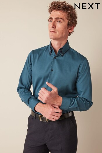 Teal Blue Regular Fit Double Collar Textured Trimmed Shirt (D38759) | £36