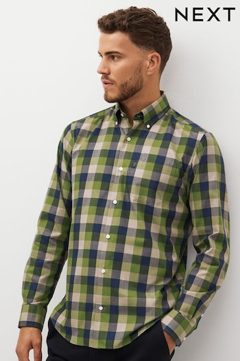 Green/Navy Blue Check Regular Fit Easy Iron Button Down Oxford Shirt (D38799) | £22