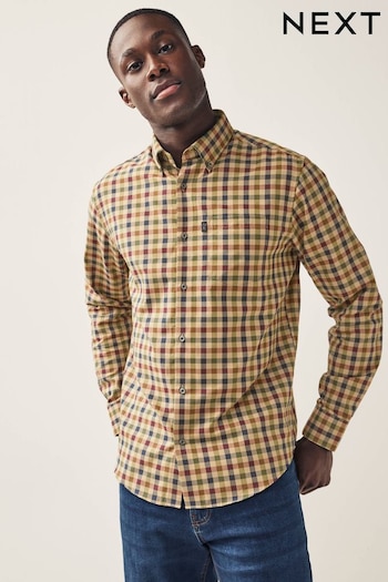 Neutral Brown Heritage Gingham Regular Fit Easy Iron Button Down Oxford Shirt (D38803) | £22