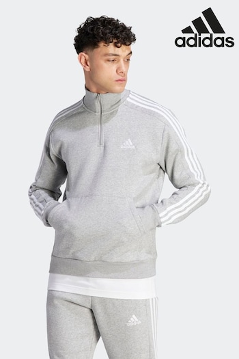 mens Grey Essentials Fleece 3-Stripes 1/4-Zip Sweatshirt (D38935) | £50