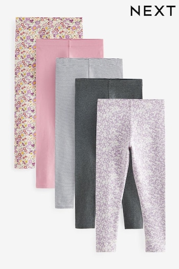 Pink/Charcoal Grey Floral Print Leggings 5 Pack (3-16yrs) (D38981) | £20 - £28
