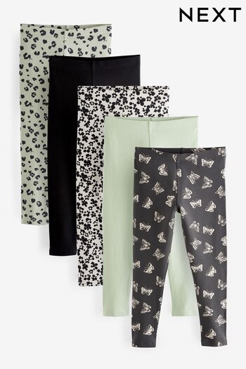 Black/Soft Green Animal Ruffle Leggings 5 Pack (3-16yrs) (D39151) | £20 - £28