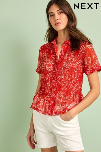 Red Floral Short Sleeve Shirred Shirt (D39207) | £30