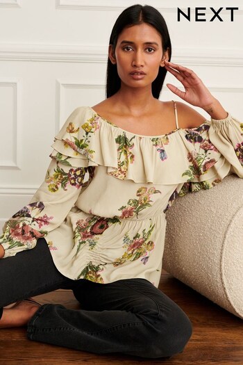 Preen Ecru Cream Floral Long Sleeve Ruffle One Shoulder Blouse (D39276) | £48