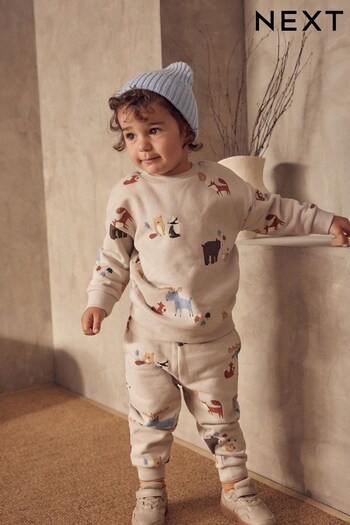 Ecru Cream Woodland All-Over Printed Oversized Sweatshirt and Joggers Set (3mths-7yrs) (D39324) | £18 - £22