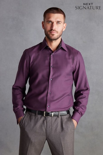 Purple Herringbone Regular Fit Signature Textured Trimmed Formal Shirt (D39543) | £44