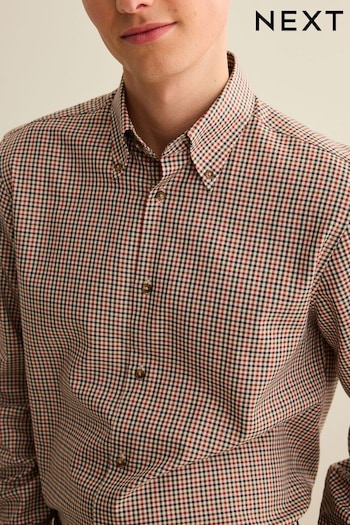 Neutral Brown Gingham Check Regular Fit Single Cuff Trimmed Shirt (D39545) | £36