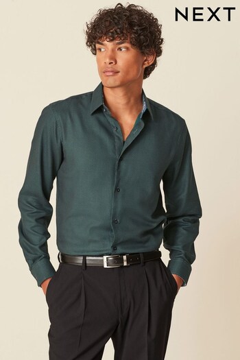 Dark Green Regular Fit Cotton Textured Trimmed Single Cuff Shirt (D39551) | £34