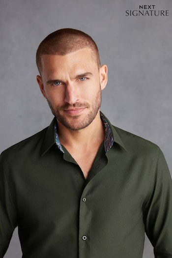 Dark Green Slim Fit Single Cuff Signature Trimmed Shirt (D39553) | £42