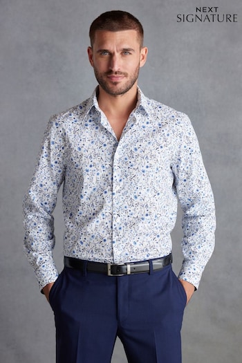 White/Blue Floral Regular Fit Single Cuff Signature Trimmed Shirt (D39582) | £42